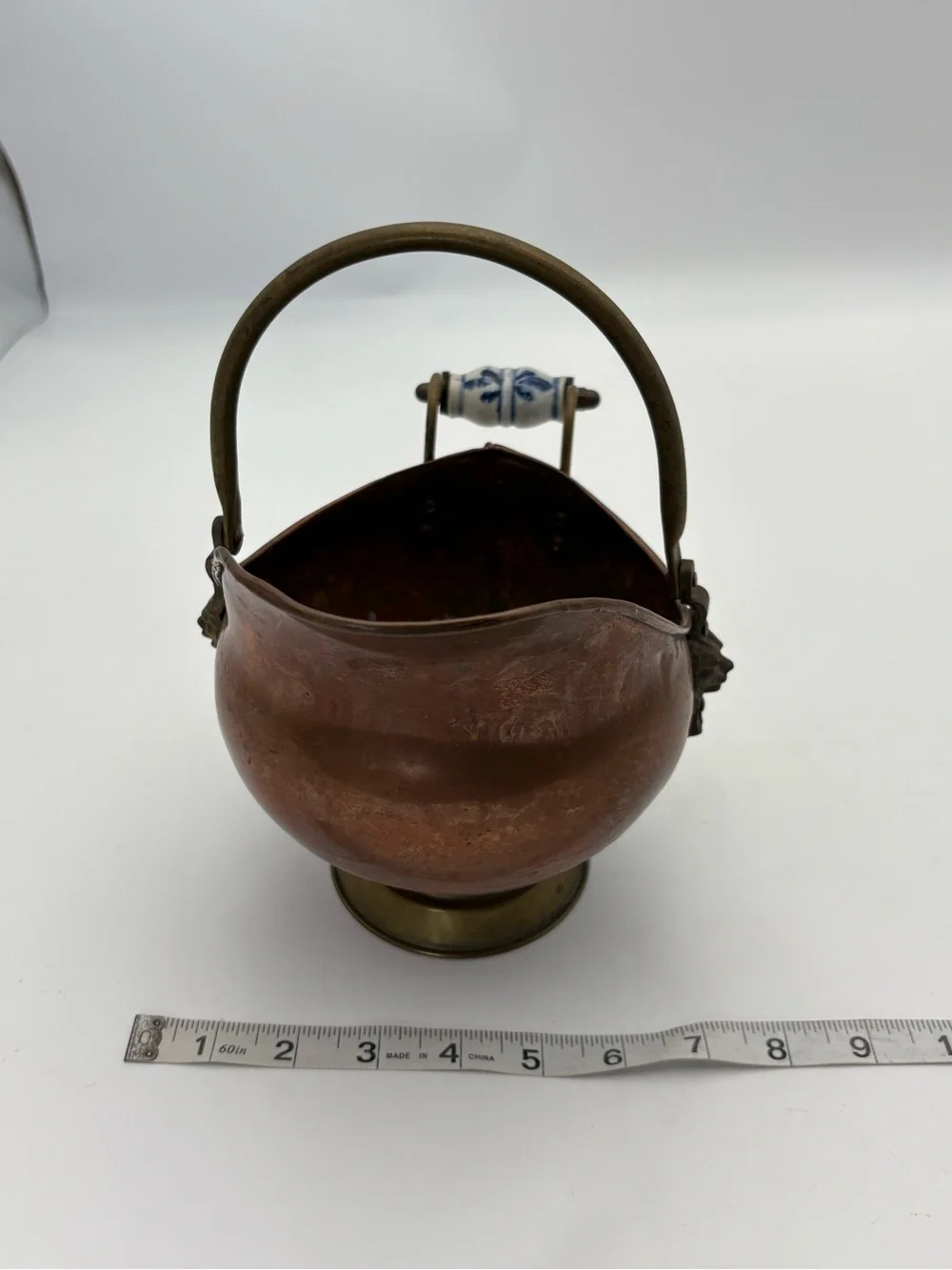 Vintage Copper Coal Scuttle with Brass and Blue and White Porcelain Handle